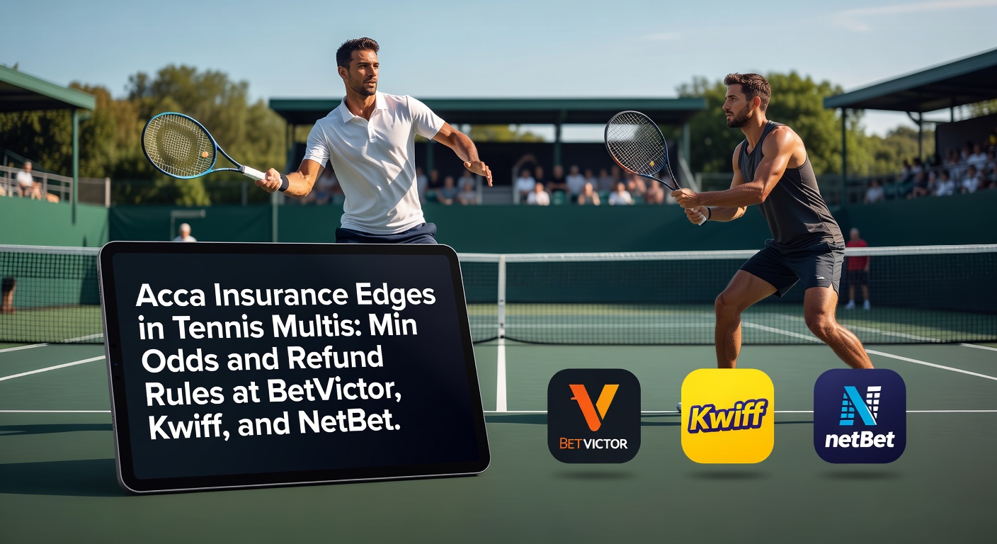 Tennis court with overlaid graphics showing accumulator bet slips from BetVictor, Kwiff, and NetBet, highlighting insurance icons and odds displays