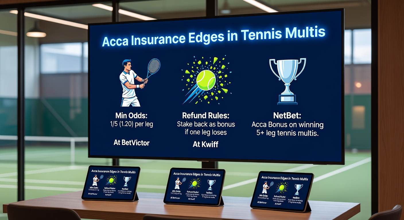 Comparison chart graphic displaying BetVictor, Kwiff, and NetBet acca insurance tables for tennis, with columns for min legs, odds per leg, total odds, max refund, and tennis-specific rules like retirements and voids