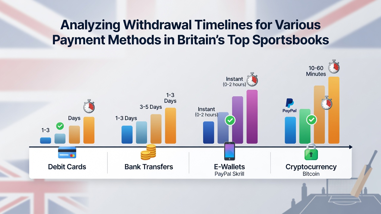 Chart comparing average withdrawal processing times across e-wallets, bank transfers, and card payments at major British sportsbooks