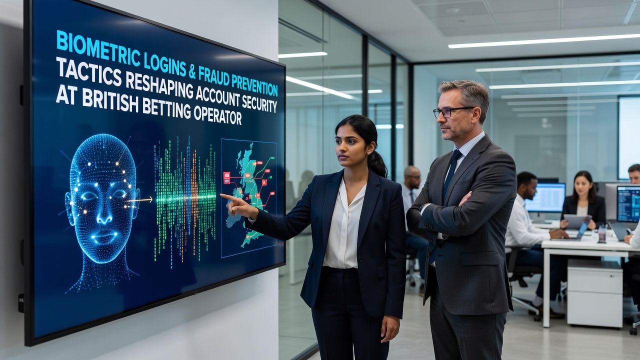 Illustration of fraud detection dashboard monitoring betting account activity with biometric alerts