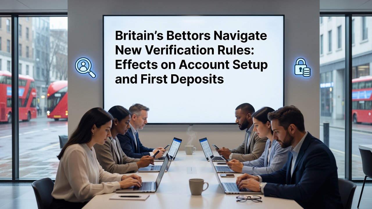 Illustration of a UK bettor completing online verification steps on a laptop with secure ID upload icons