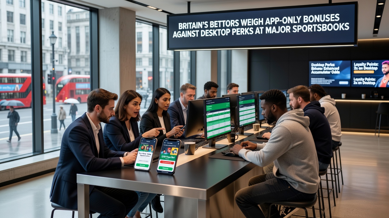 Desktop sportsbook interface showing advanced betting tools alongside mobile app bonus notifications