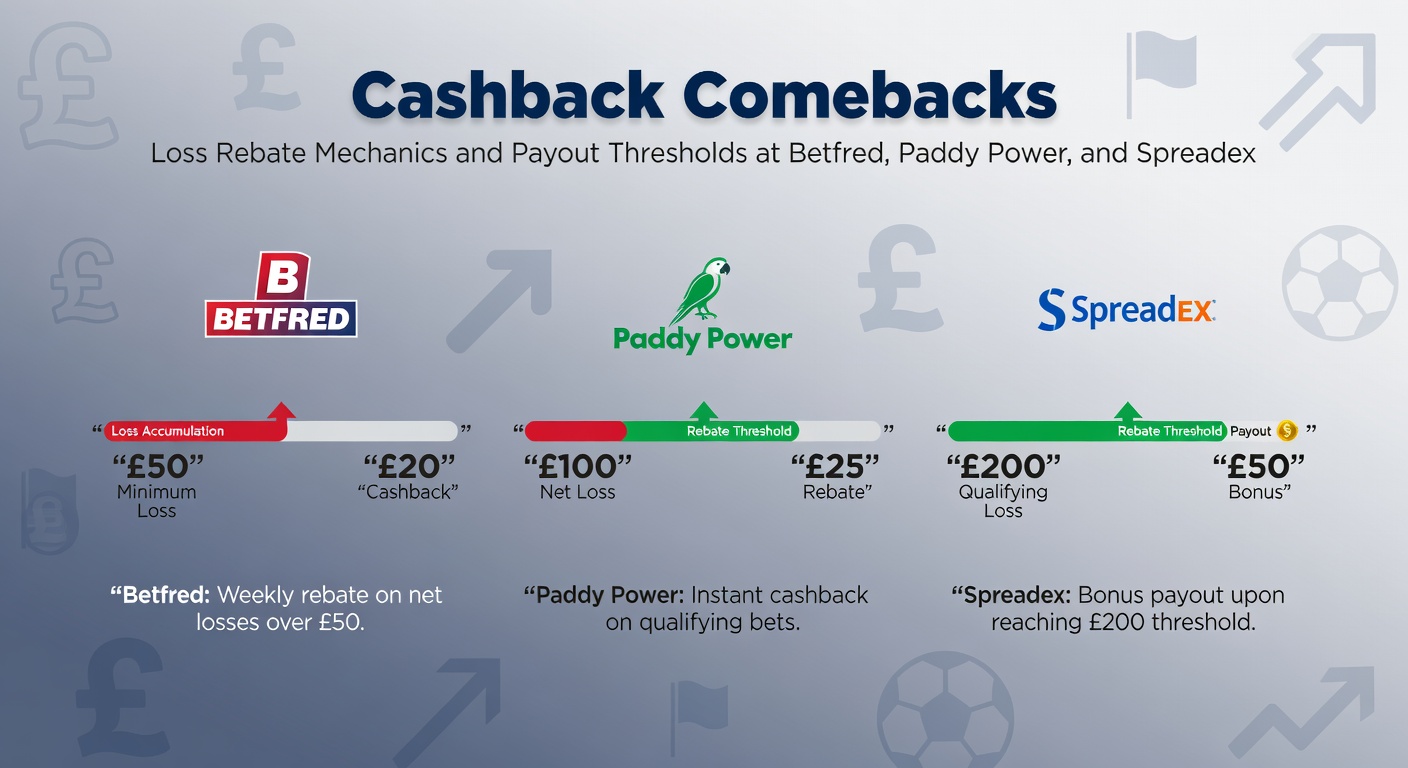 Graphic illustrating cashback rebates flowing back to bettors' accounts at Betfred, Paddy Power, and Spreadex platforms