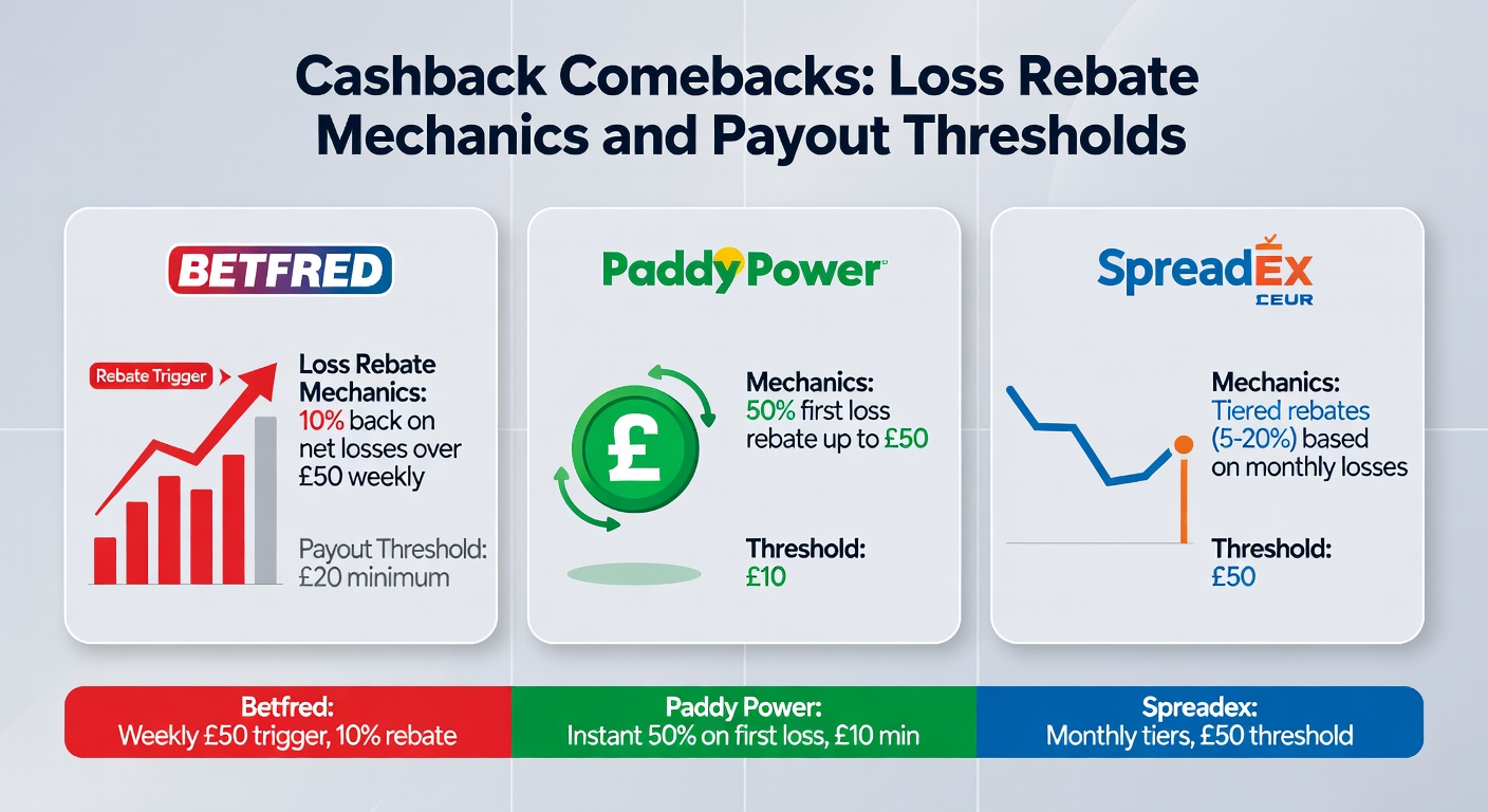 Comparison chart of rebate percentages and thresholds across Betfred, Paddy Power, and Spreadex dashboards