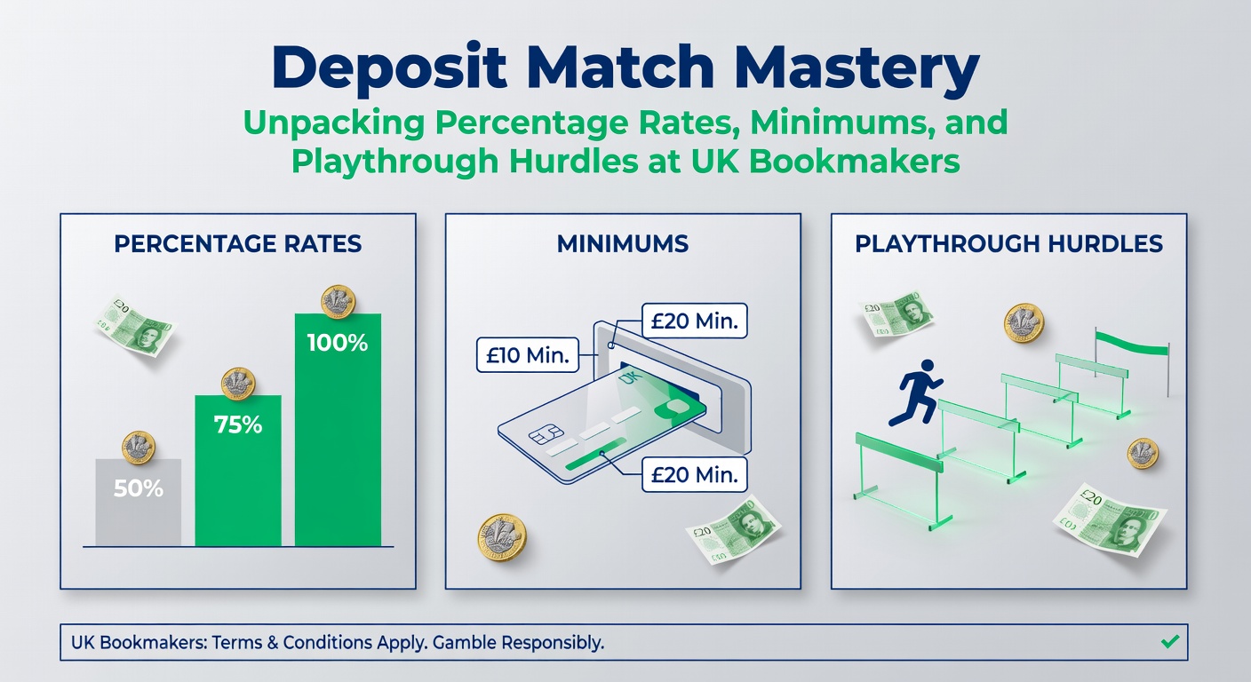 Graphic showing deposit match bonus mechanics with percentage icons, deposit amounts, and wagering requirements overlaid on UK bookmaker logos