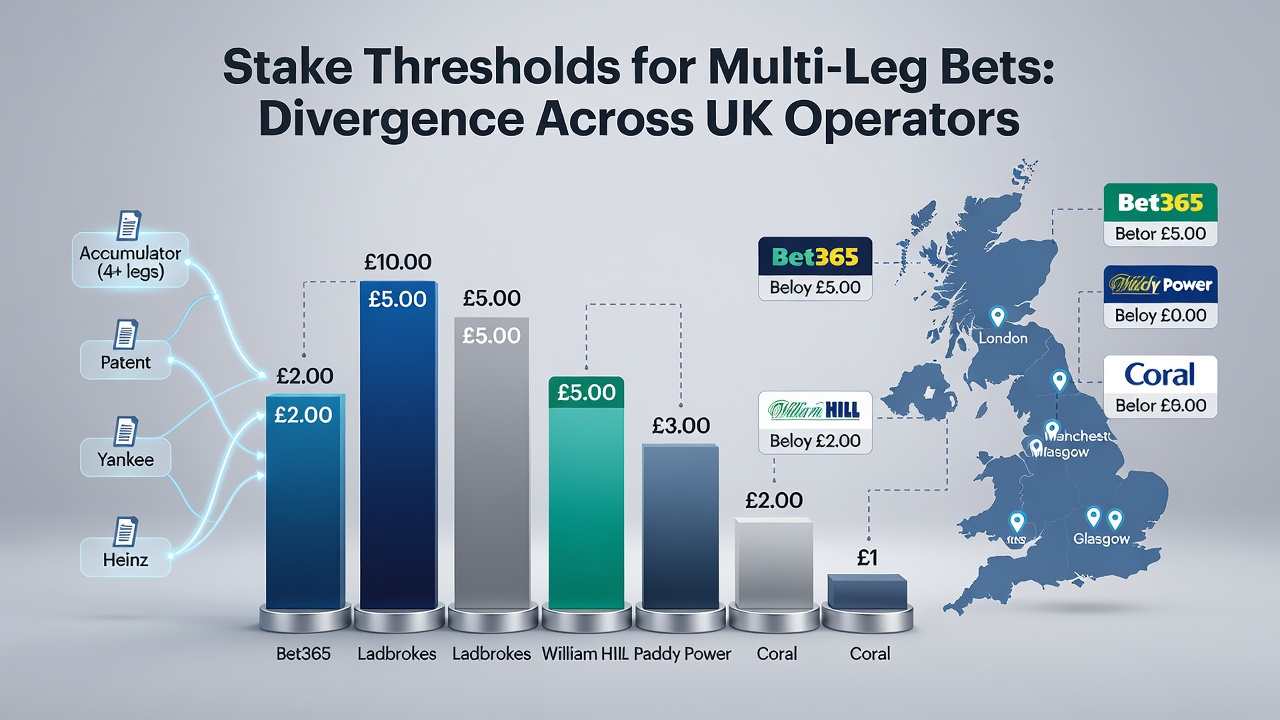 Comparison chart showing stake thresholds for multi-leg bets across major UK operators including bet365, William Hill, and Paddy Power