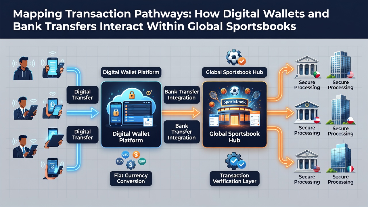 Flowchart illustrating interaction points between digital wallets, bank transfers, and sportsbook settlement systems