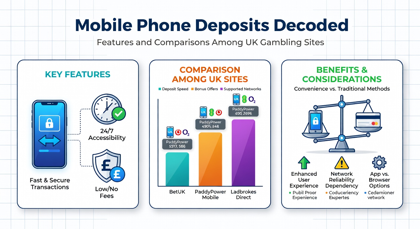 Infographic comparing deposit speeds and limits for pay-by-phone across Bet365, William Hill, and other UK gambling platforms