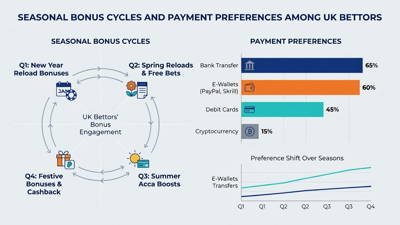 Comparison chart showing seasonal variations in payment method usage among UK bettors