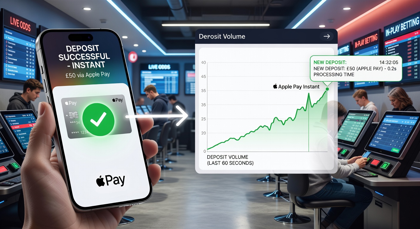 Comparative chart showing deposit times: Apple Pay at 2 seconds versus cards at 45 seconds and e-wallets at 20 seconds, with UK bookmaker logos