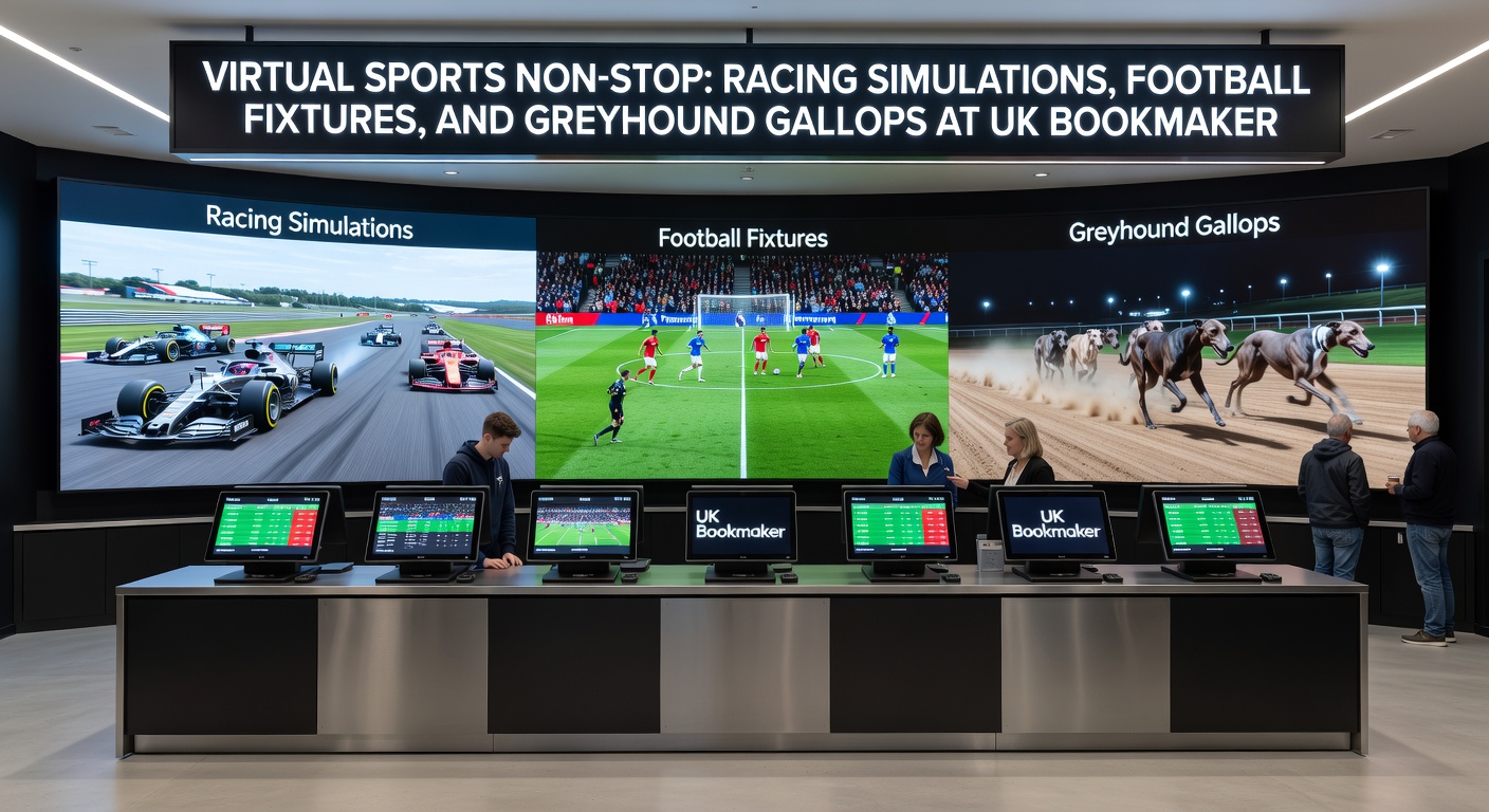 Close-up of a virtual greyhound race with dogs charging down the track and odds displayed on screen